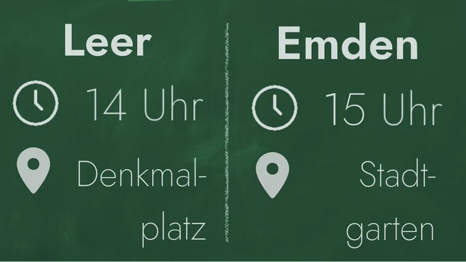 Zeitpunkt der Demonstration und Ort für Leer wie Emden. Daten sind im Tweet enthalten. Dargestellt auf einer grünen Schultafel.