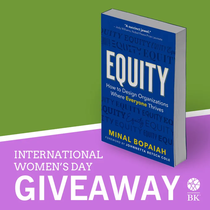 The book Equity by Minal Bopaiah is shown against a green and purple background. Written below it is "International Women's Day Giveaway."