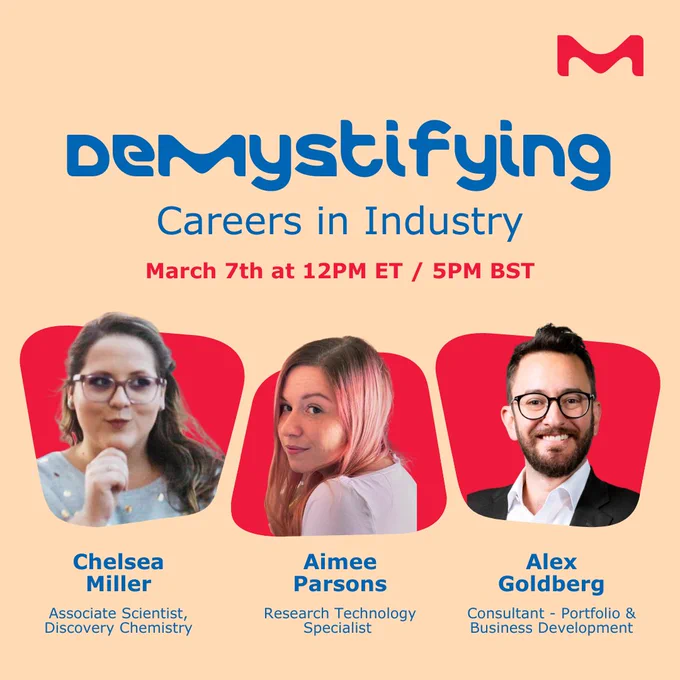Promo graphic for Demystifying Careers in Industry featuring headshots of the 3 panelists - Chelsea Miller, Aimee Parsons, Alex Goldberg 