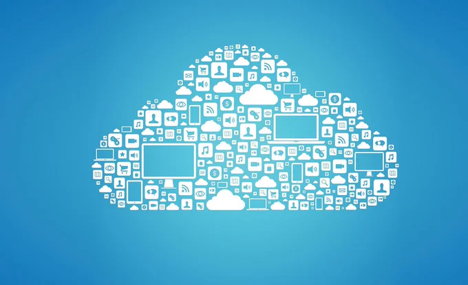 Image of a cloud made with app and computer icons on a blue background