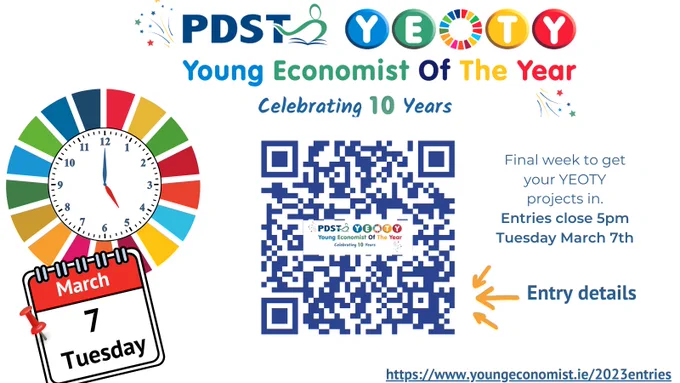 Young Economist of the Year 2023 project deadline is Tuesday, March 7th at 5pm. Details can be found on https://www.youngeconomist.ie/2023entries