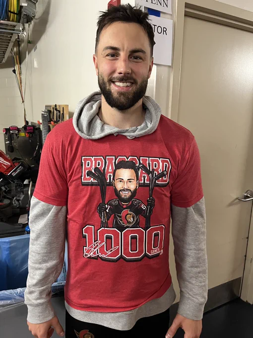 Derick Brassard wearing a custom Brassard 1000 games t-shirt before morning skate as he is set to play in his 1000th game tonight at Madison Square Garden