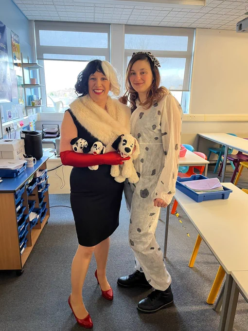 Ms S and ms C as cruella and her Dalmatian