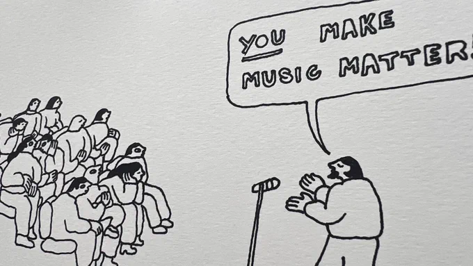 A figure sketch of people sitting watching a speaker who says You Make Music Matter.