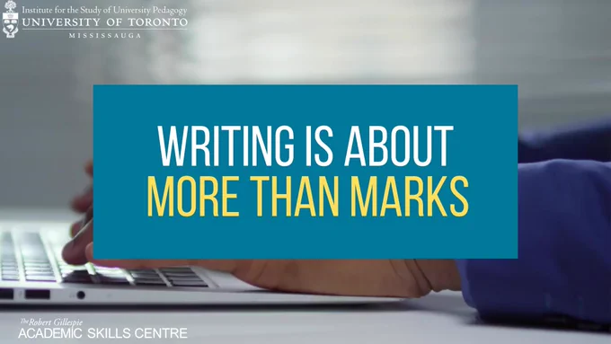 Hands typing on a laptop keyboard in the background. Writing reads "writing is about more than marks." Institute for the Study of University Pedagogy. Robert Gillespie Academic Skills Centre.