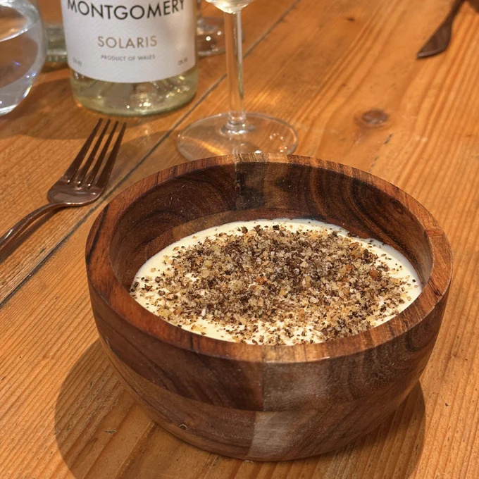 Potato mousse, onion compote and cheese crumb