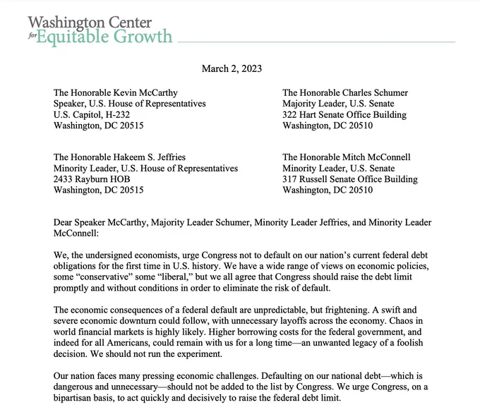 Letter to Kevin McCarthy, Hakeem Jeffries, Charles Schumer, and Mitch McConnell on debt ceiling