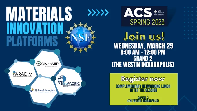 Want to join us for a networking lunch at #ACSSpring2023?
Register for the lunch now!
http://bit.ly/3ZfZ64F
You can also join the session to hear #successstories and learn how to gain access to @BioPACIFICMIP, @GlycoMip , @2DCCMIP  and @PARADIMResearch
#polymers #biomaterials