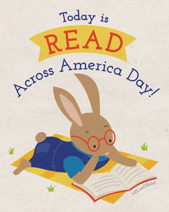 A brown, bespectacled bunny reading a book, illustrated by M.P. Lim. Please do not use without permission.