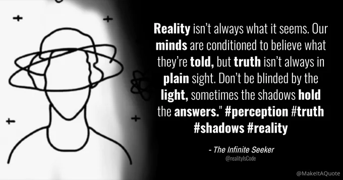 Illustration of @realityIsCode's original tweet displaying their profile picture and the text: Reality isn't always what it seems. Our minds are conditioned to believe what they're told, but truth isn't always in plain sight. Don't be blinded by the light, sometimes the shadows hold the answers." #perception #truth #shadows #reality