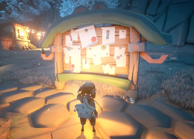 A questboard from Yonder: the Cloud Catcher Chronicles - a wooden board with multiple pieces of paper tacked to it with colored pins. A person stands in front of the board, in silhouette, with light glowing around them. 