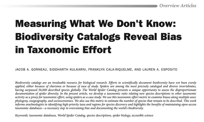 Black and white screenshot of academic paper with the title: "Measuring What We Don't Know: Biodiversity Catalogs Reveal Bias in Taxonomic Effort". Abstract and keywords provided in DOI link in Tweet.