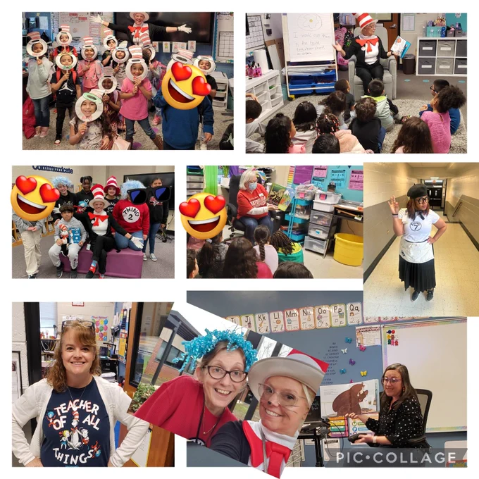 Teachers and students in character costumes and enjoying books.