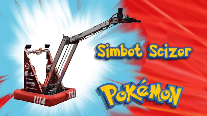 Photo of 1114's 2023 robot. Swerve drive, double jointed arm, motorized pinch claw