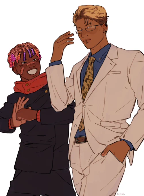 It’s a drawing of Itadori and Nanami walking side by side. Nanami is drawn with brown skin, piercings on his lip, eyebrow, and ears, and his roots are visible under blond dye. He is wearing his usual off white suit, yellow tie, and blue shirt, though he wears regular glasses instead of his sunglasses. One hand is in his pocket while the other is in the air. Itadori is drawn as Blasian with dark brown skin and pink twists with colorful beads on the ends. He wears his uniform with his usual red hoodie and he’s grinning up at Nanami with his left fist hitting against his open palm. Bandaids cover his face and he has snug gold hoops in.