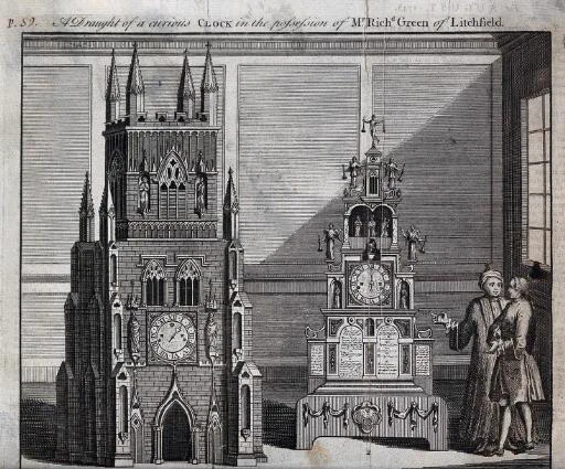 Drawing in black and white depicting an interior with the "Lichfield" clock, and two men discussing it