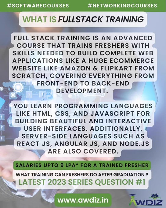 Course Detail Series - About Full Stack Training

Full stack training is an advanced course that trains FRESHERS with skills needed to build complete web applications Like a huge ecommerce website like amazon & Flipkart from scratch, covering everything from front-end to back-end development. 

you learn programming languages like HTML, CSS, and JavaScript for building Beautiful and interactive user interfaces. Additionally, server-side languages such as REACT JS, ANGULAR JS, and Node.js are also covered.

For more details visit www.awdiz.in
