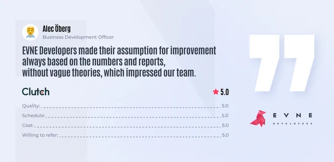 Every word is a portion of motivation to improve ourselves. 
And here is a new review on Clutch! 

It is incredibly rewarding to see our efforts recognized by our clients. EVNE Developers are passionate about providing our clients with innovative, customized solutions presented in results of our work, not in the theoretical hypothesis. 
