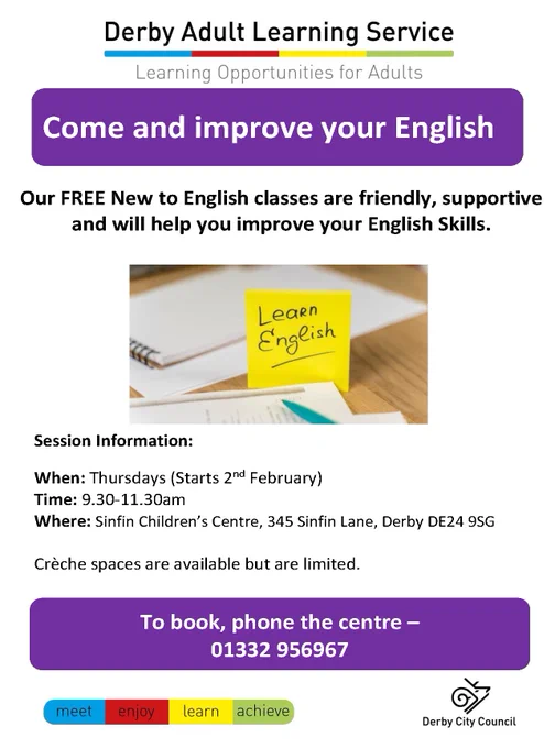 Family learning English classes Sinfin poster - PDF version via link in tweet