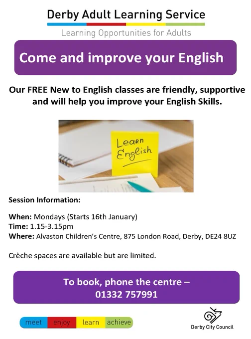 Family learning English classes Alvaston poster - PDF version via link in tweet