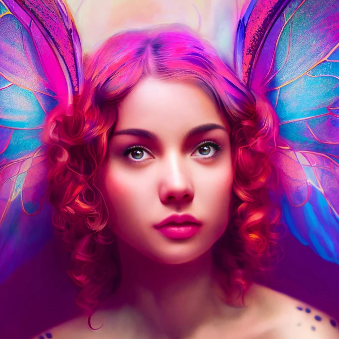 A fairy with pink hair and blue purple pink wings
