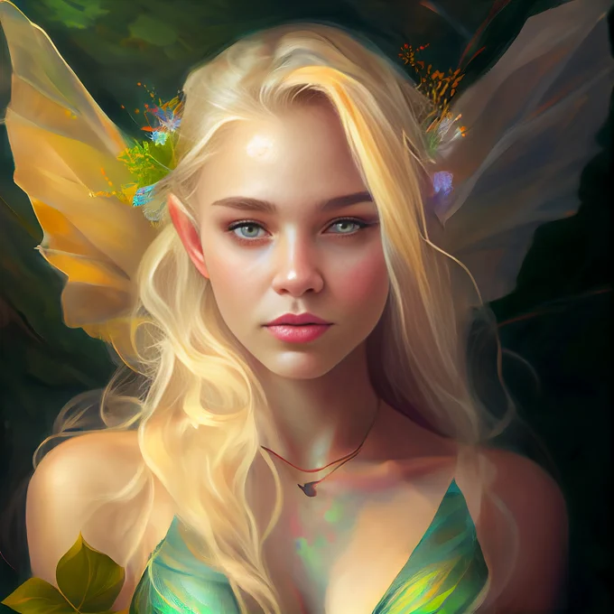 A fairy with long blonde hair and small yellow wings, with an outfit of leaves