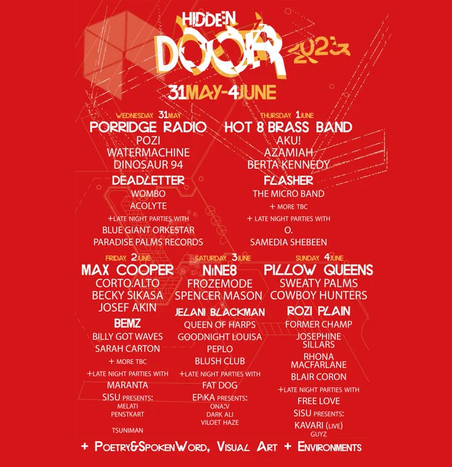 Hidden Door line up poster showing a list of band names. Full list on our website.