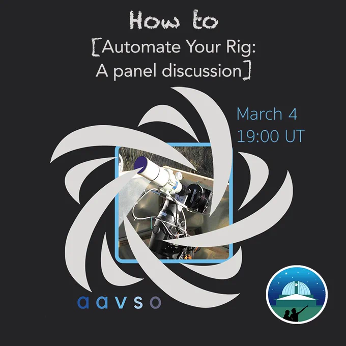 A small backyard telescope at the center of an AAVSO swirly star. Text reads: How to Automate Your Rig: A panel discussion. March 4, 19:00 UT. Boyce Astro Logo of an observatory dome in the corner.