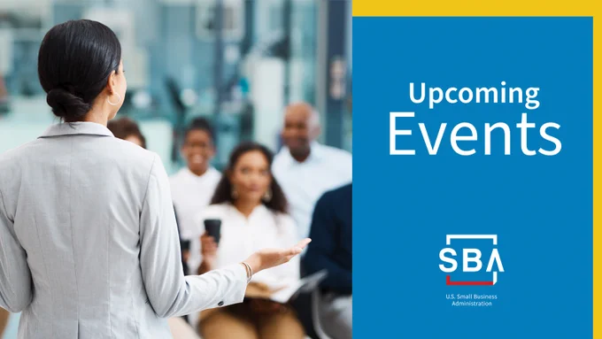 A woman speaking to a crowd to the left, with "Upcoming Events" to the right with SBA lower right. 