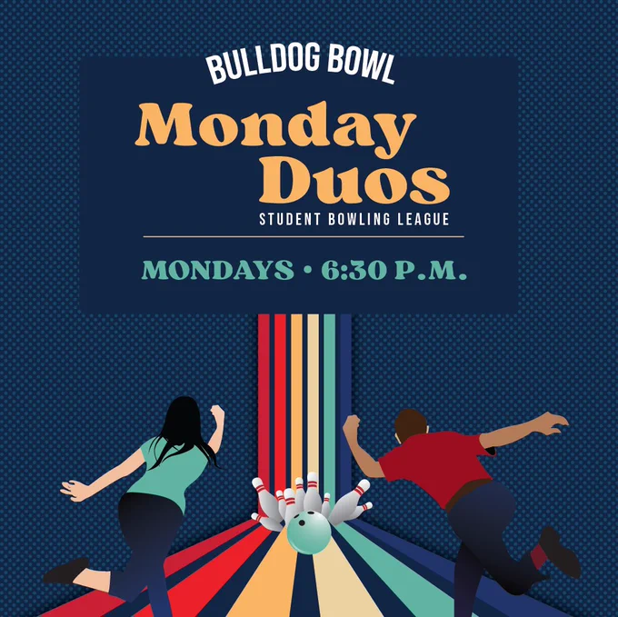 Illustration of two students bowling below the event title: Monday Duos student bowling league