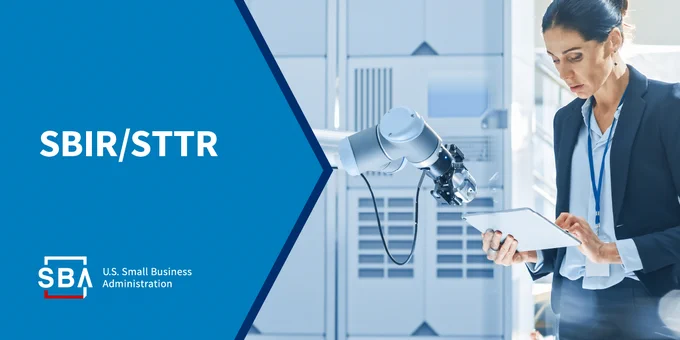 Photo of a person in a lab with the following text: SBIR/STTR. The SBA logo is at the bottom.