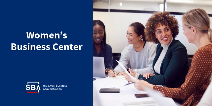 A group of women sitting to the right.  To the left "Women's Business Center" SBA logo bottom left. 