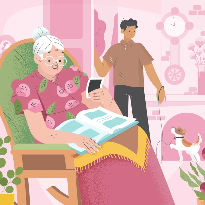 A vector illustration of an elderly woman in her living room, sitting in a rocking chair and looking at a photo album while a caregiver wearing a brown polo shirt stands in the doorway preparing to take the woman's dog out for a walk.