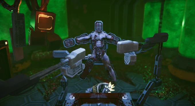 Johnny Turbo isn't looking too good after Episode 2 of Turbo Overkill. You see what is left of their body being worked on in some facility.