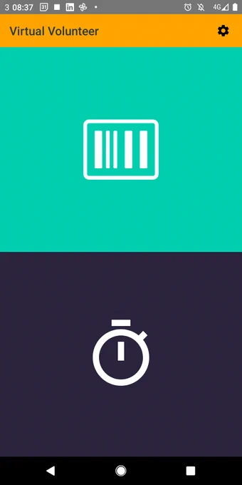 Screenshot of home screen of the parkrun virtual volunteer app. Screen divided in half horizontally. Top half is greeny blue and has picture of a barcode. Bottom half is purple and has a picture of a stopwatch.