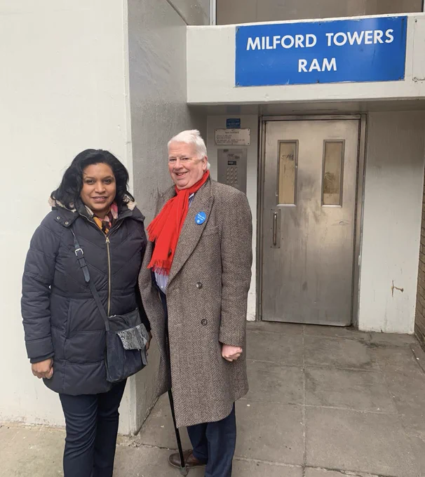 Janet Daby MP with Cllr John Muldoon outside Milford Towers.