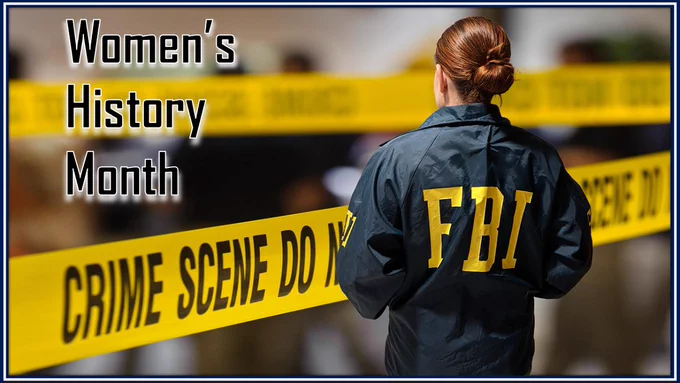 "Women's History Month" Yellow crime scene tape.  Female Special Agent with her blue FBI raid jacket.