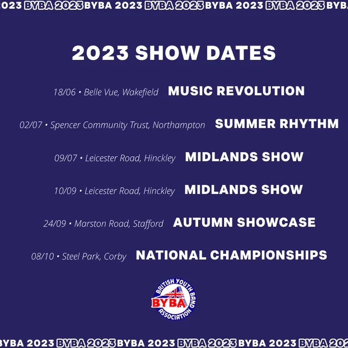 BYBA 2023 Show Dates

18th June - Music Revolution - Belle Vue, Wakefield
2nd July - Summer Rhythm - Spencer Community Trust, Northampton
9th July - Midlands Show - Leicester Road, Hinckley
10th September - Midlands Show - Leicester Road, Hinckley
24th September - Autumn Showcase - Marston Road, Stafford
8th October - National Championships - Steel Park, Corby