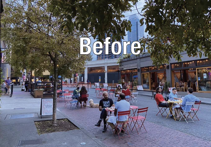 Picture from @Qaggggy of a group of people sitting in a tree-lined street plaza in 2019. A dozen or more people sitting at cafe tables talking to each other, with shops in the background. A few dogs relax with their owners. Restaurants sell things to eat and drink outside in the background.