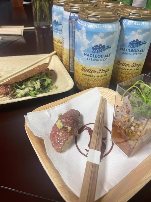 Duck Confit Taco from Poppy   Rose, Surf and Turf from Alexander’s Steakhouse and American Pale Ale from MacLeod Ale