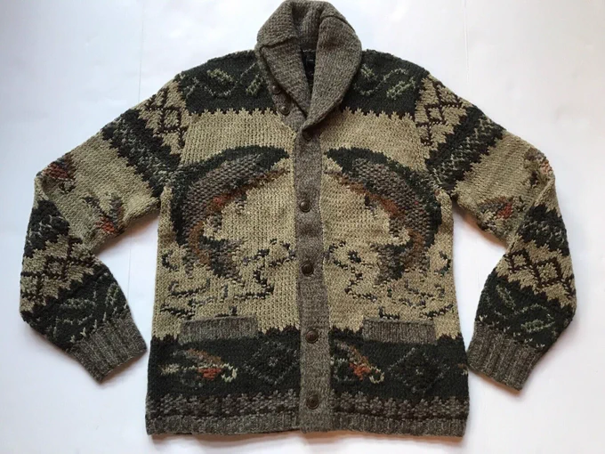 An RRL shawl collar cardigan. It's handknit and features fishing on both of the front panels.