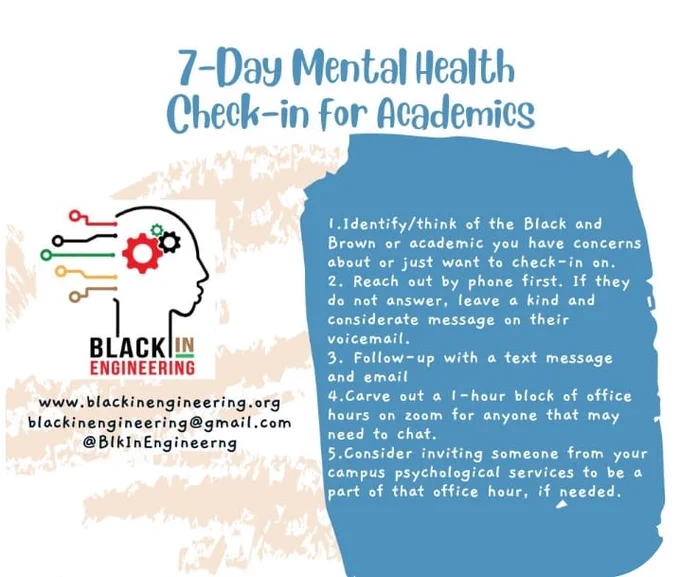 70Day Mental Health Check In For Academics title in blue on white background. Left Black In engineering logo with www.blackinengineering.org, blackinengineering@gmail.com, @BlkInengineerng under neat in black text with tan decoration in background. On right white text on blue background.
1. Identify/think of the Black and Brown or academic you have concerns about or just want to check in on.
2. Reach out by phone first. If they do not answer, leave a kind and considerate message on their voicemail.
3. Follow-up with a text message and email.
4. Care out a 1-hour block of office hours on zoom for anyone that may need to chat.
5. Consider inviting someone from your campus psychological service to be a part of that office hour, if needed.