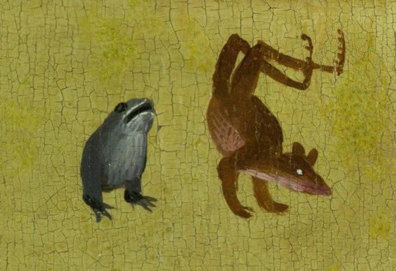a medieval painting of an armless frog and a rat doing a handstand on a green background