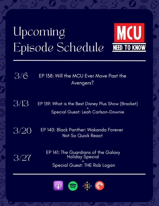 This is a promotional graphic detailing the next four episodes of our podcast.

On march sixth we have, episode 138: WIll the MCU Ever Move Past the Avengers?

March thirteenth we have episode 139: What is the Best Disney Plus Show (Bracket) plus Special Guest Leah Carlson-Downie

March twentieth, we have episode 140: Black Panther: Wakanda Forever Not So Quick react

FInally, March twenty seventh we have episode 141: The Guardians of the Galaxy Holiday Special   Special Guest THE Rob Logan!

You can find our podcast, MCU Need to Know wherever you get podcasts. 