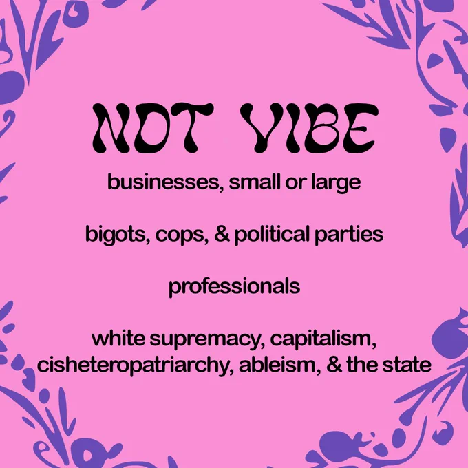 NOT VIBE
businesses, small or large

bigots, cops, & political parties 

professionals

white supremacy, capitalism, cisheteropatriarchy, ableism, & the state