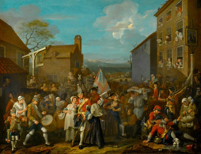 An oil painting titled The March of the Guards to Finchley by eighteenth century artist William Hogarth. The painting shows a crowd of people in a street, some are locals of the area and some are guards. The scene looks noisy and chaotic. In the centre of the image is a guard, caught between two women pulling him to either side. On the left of the image is a drummer, several patrons of a pub and a bare-knuckle boxing fight. On the right of the image there is drunken soldiers and people causing a commotion, including a couple cavorting in the street, a soldier stealing from a street seller and women hanging out of the windows of a brothel. In the background of the image, guardsmen are gathering in preparation for a march.