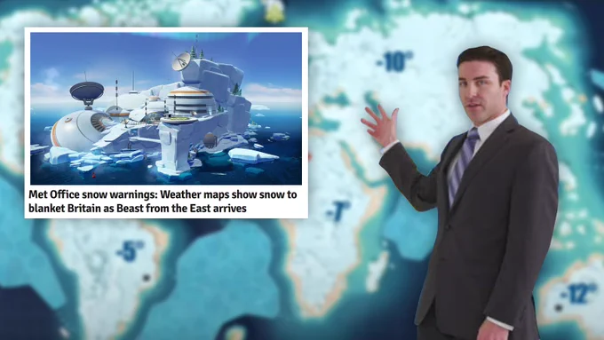 Photoshopped image of a weatherman, gesturing to a frozen over world map from Evil Genius 2, with a smaller image of the Arctic Lair from Evil Genius 2: Oceans DLC. Text from a news article reads "Met Office snow warnings: Weather maps show snow to blanket Britain as Beast from the East arrives".