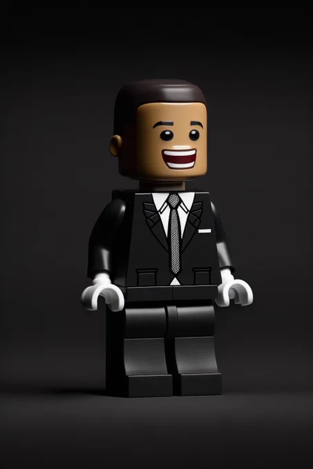 President Barack Obama as a LEGO figurine, full body shot, studio photography, volumetric lighting, wearing a suit, smiling, mischievous, realistic, 35mm, expressive, iconic, 4k --ar 2:3