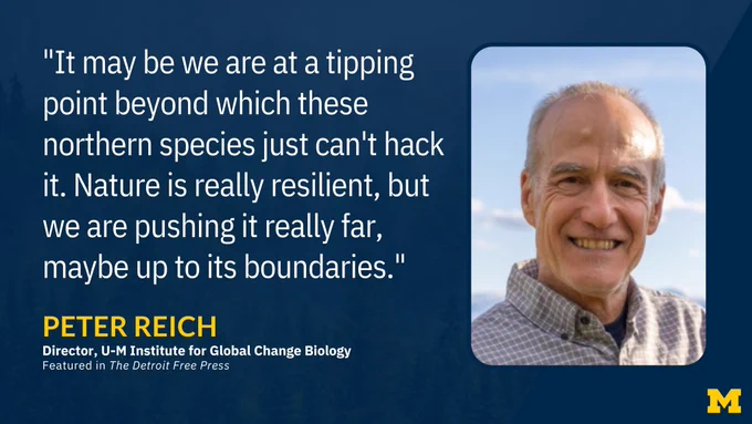 "It may be we are at a tipping point beyond which these northern species just can't hack it. Nature is really resilient, but we are pushing it really far, maybe up to its boundaries." Peter Reich, Director, U-M Institute for Global Change Biology, featured in The Detroit Free Press