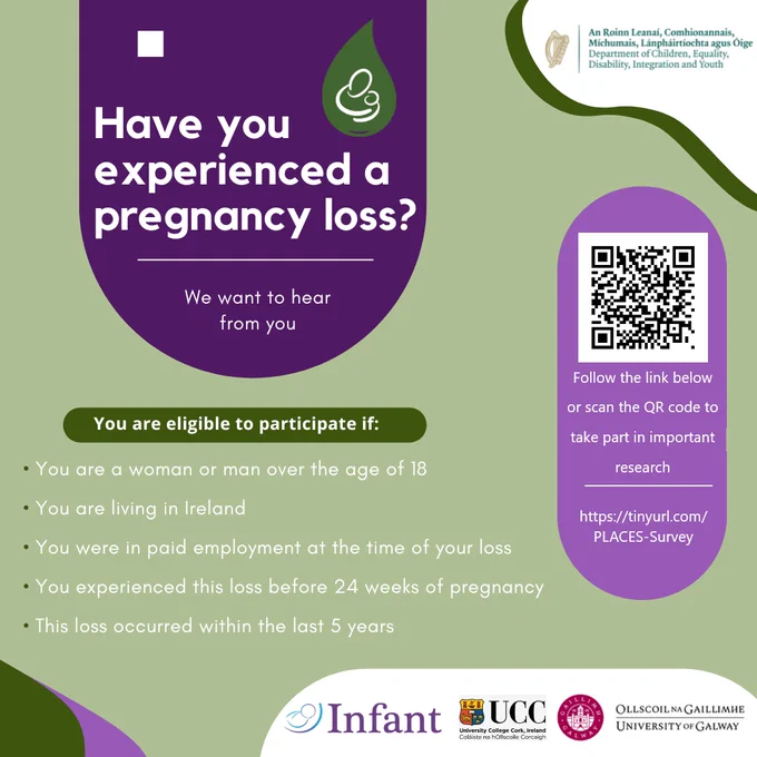 Recruitment poster (shades of green, purple & white). DCEDIY, INFANT UCC, University of Galway & PLRG logos in the top & bottom right hand corners. 

TEXT:
Have you experienced a pregnancy loss? We want to hear from you. You are eligible to participate if:
- You are a woman or a man over the age of 18
- You are living in Ireland
- You were in paid employment at the time of your loss
- You experienced this loss before 24 weeks of pregnancy
- This loss occurred within the last 5 years

Link to survey (& QR code also included): https://tinyurl.com/PLACES-Survey